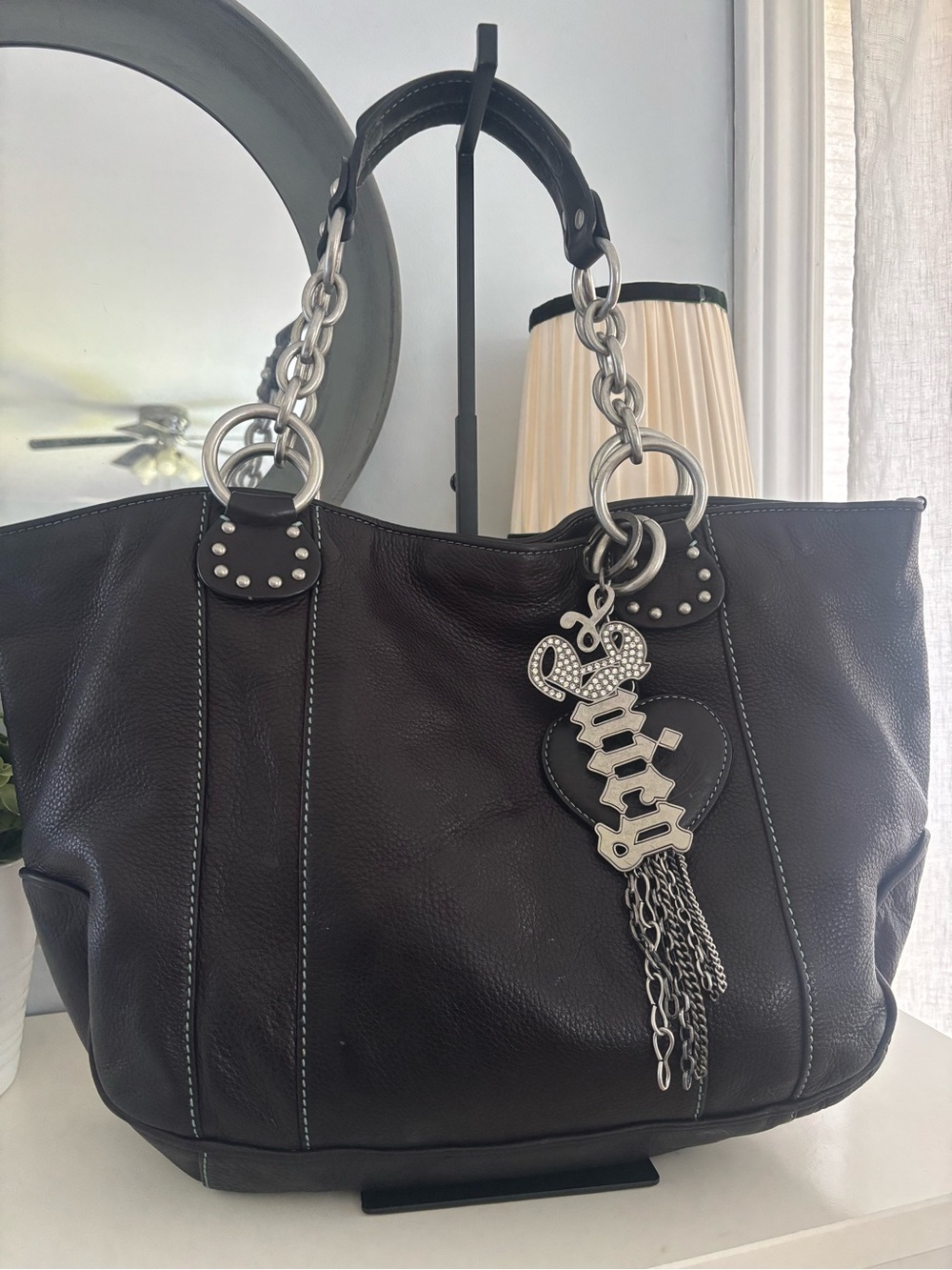 Juicy Couture Black Leather Hobo Bag with Chain Handles and Charm
